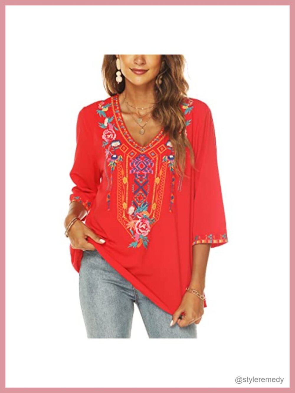 Women's Boho Embroidered Tunic Top 3/4 Sleeve Loose Fit Rayon V-Neck Blouse